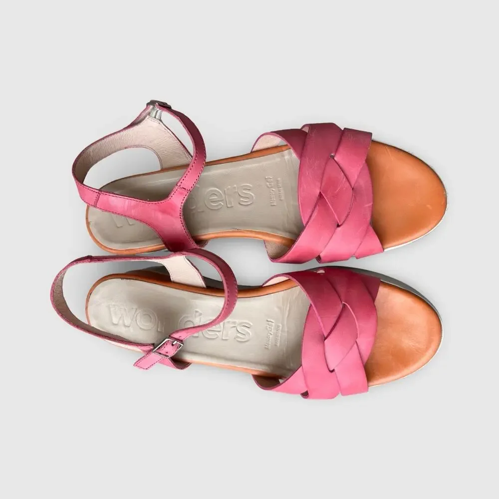 Wonders Fly Pink Leather Wedge Leather Sandals Women’s 41 Strappy Platform